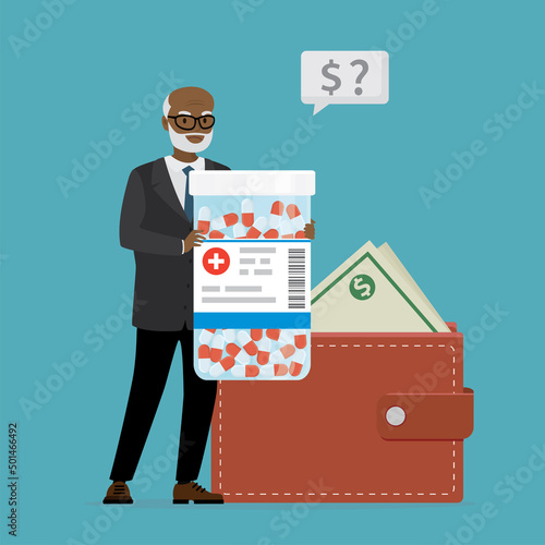 Elderly African American man holds bottle of pills in hands. Grandfather is surprised by high price of drugs. Wallet near senior. Expensive treatment, health care requires lot of money.