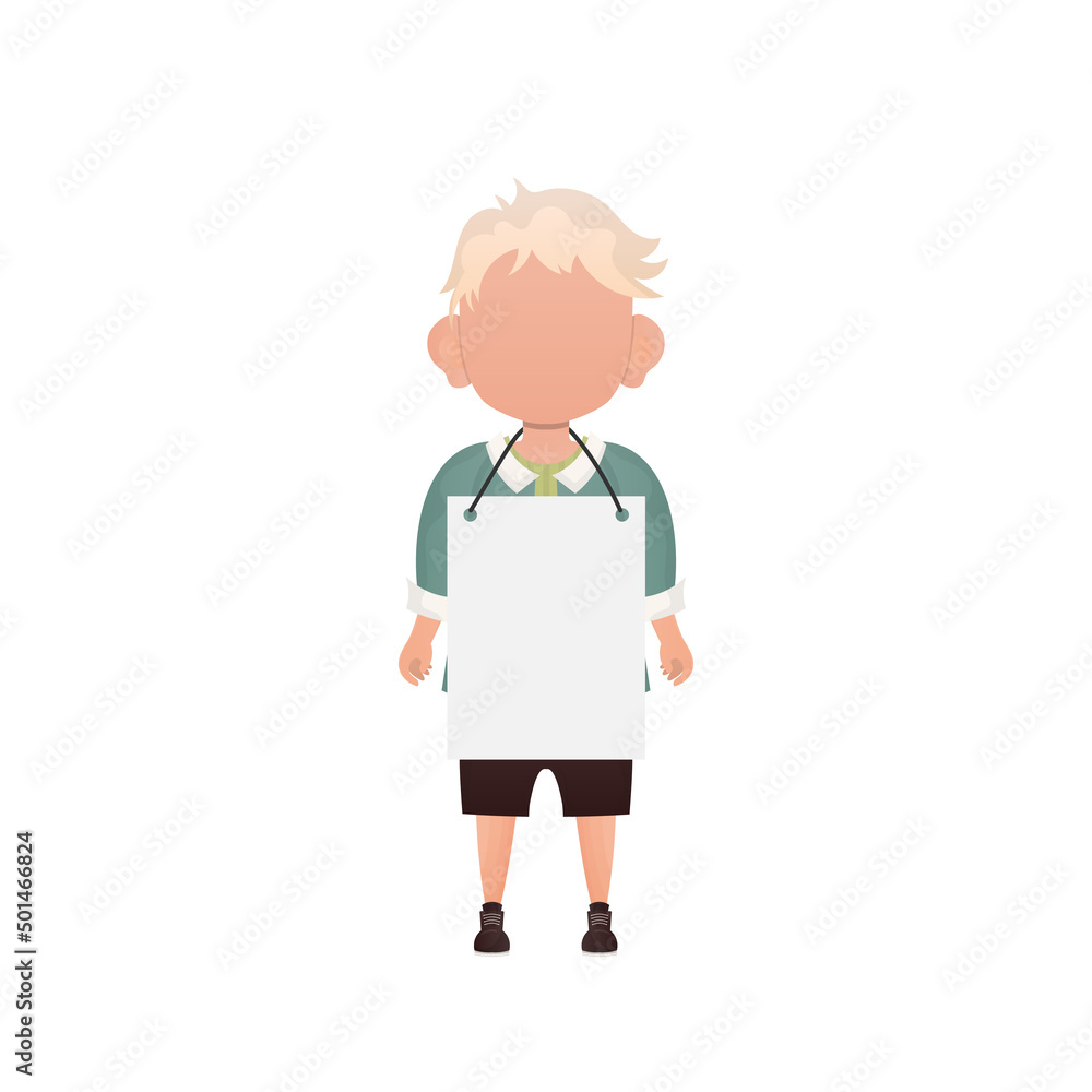 A cute little boy with a blank banner. Isolated. Cartoon style. Vector illustration. A cute little boy with a blank banner. Isolated. Cartoon style. Vector illustration.