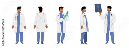 Doctor, hospital healthcare staff at work front, side and rear view. Medic male character in white robe with stethoscope on neck take on gloves, hold xray, Cartoon linear flat vector illustration, set
