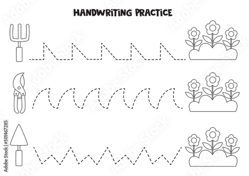 Tracing lines for kids. Cute black and white garden tools. Writing practice.