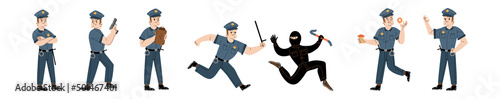 Set of police officer lifestyle, cop at work. Policeman in uniform issue a fine, chase bandit, use gun and eat donut on duty. City patrol constable fight with criminal Linear flat vector illustration