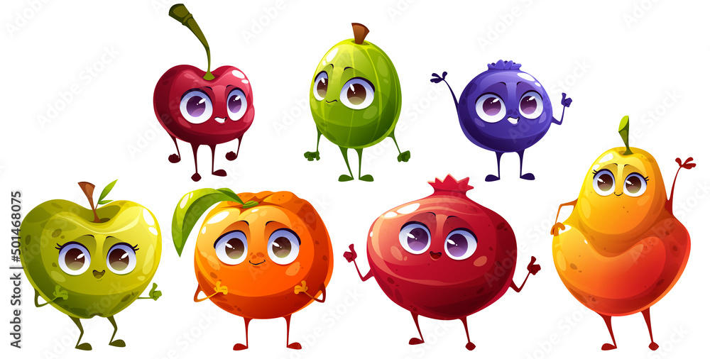 Cartoon fruits and berries characters, cheerful fresh cherry, gooseberry, blueberry and apple, mandarin, garnet and pear, kids menu personages with funny smiling faces waving hands Vector illustration Cartoon fruits and berries characters, cheerful fresh cherry, gooseberry, blueberry and apple, mandarin, garnet and pear, kids menu personages with funny smiling faces waving hands Vector illustration