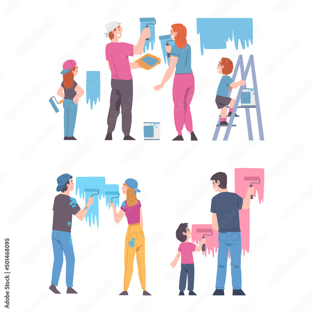 Fototapeta premium Back view of families painting wall with rollers. Parents and children repairing home together cartoon vector illustration