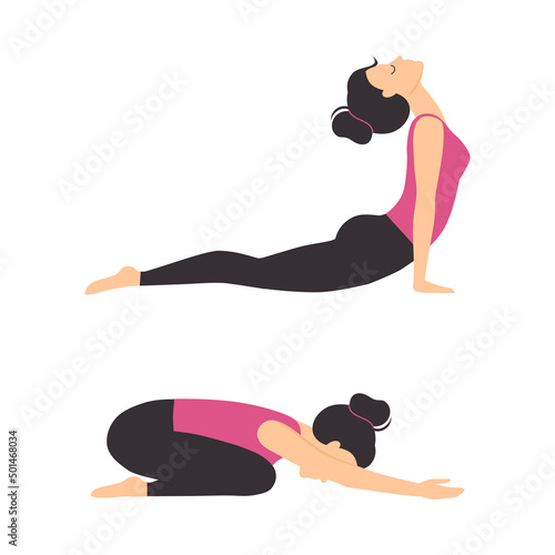 Girl doing yoga set. Young woman practicing upward facing dog and child poses cartoon vector illustration