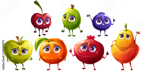 Cartoon fruits and berries characters, cheerful fresh cherry, gooseberry, blueberry and apple, mandarin, garnet and pear, kids menu personages with funny smiling faces waving hands Vector illustration