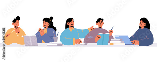 Group of students studying together, young girls and boys reading books, doing homework task at school or university. Happy teenagers classmates characters union, , Linear flat vector illustration