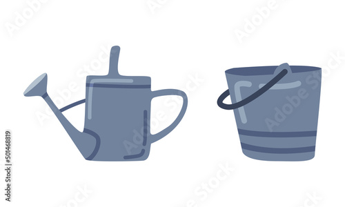 Watering can and bucket. Gardening agricultural equipment cartoon vector illustration