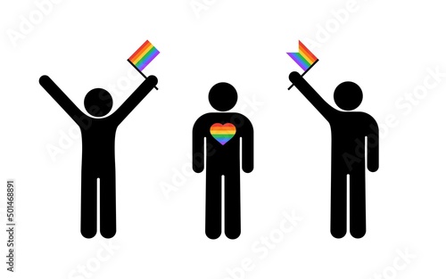 gay pride, people icon with lgbt flags, simple vector illustration, stickman isolated on white