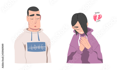 Upset people with broken heart. Boy and girl feeling sad about relationship problems cartoon vector illustration