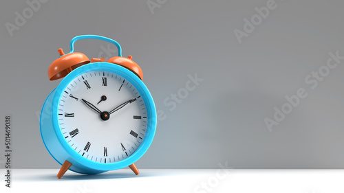 3d render alarm clock colored realistic on a gray background on the left side