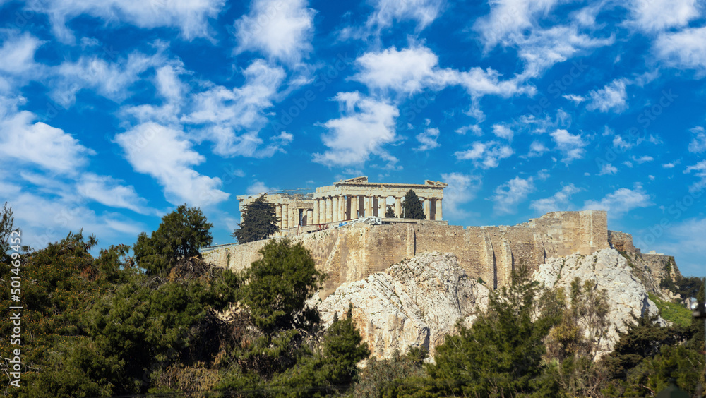 Athens, Greece. Acropolis and Parthenon temple, top landmark. View from city center