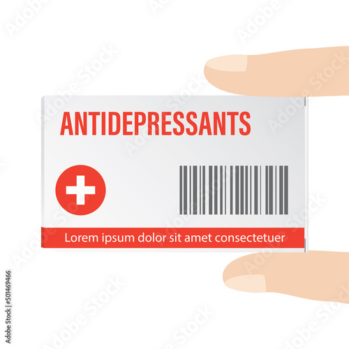 Fingers holding antidepressants packaging. Help with mental problems. Therapy and Treatment with antidepressants pills. Pharmacy, healthcare concept.