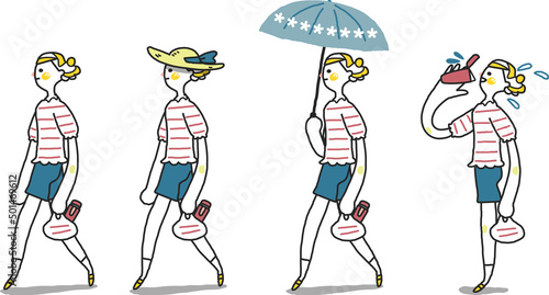 木陰のベンチで熱い日差しを避け水分補給している少女　イラスト素材


