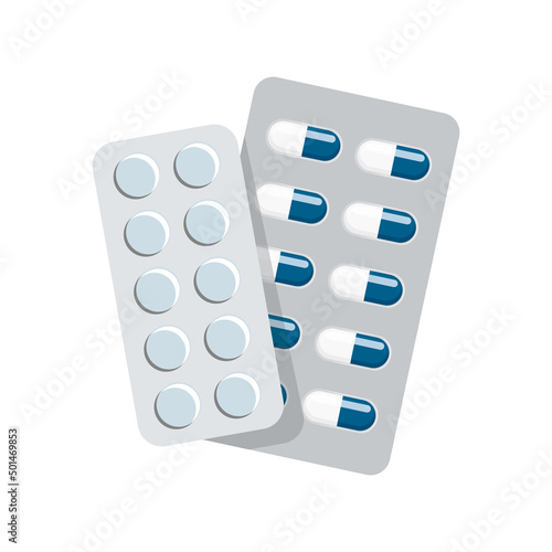 Multi-Dose Pill Packaging. Medical drugs, various pills isolated on white background. Medicines prescribed by doctor. Capsules for treatment of disease. Pharmacy, flat design.