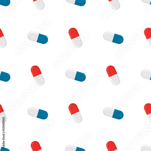 Medical drugs, various pills, seamless pattern. Medicines prescribed by doctor. Capsules for treatment of disease. Pharmacy, texture background.
