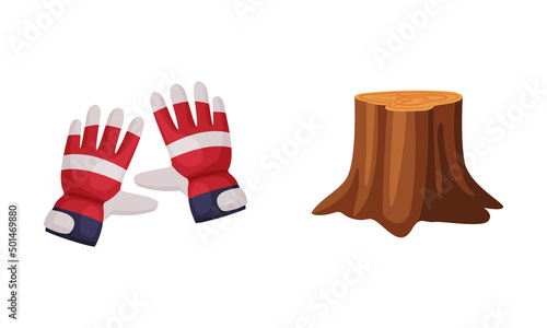 Woodworker and lumberjack objects set. Stump and pair of gloves cartoon vector illustration