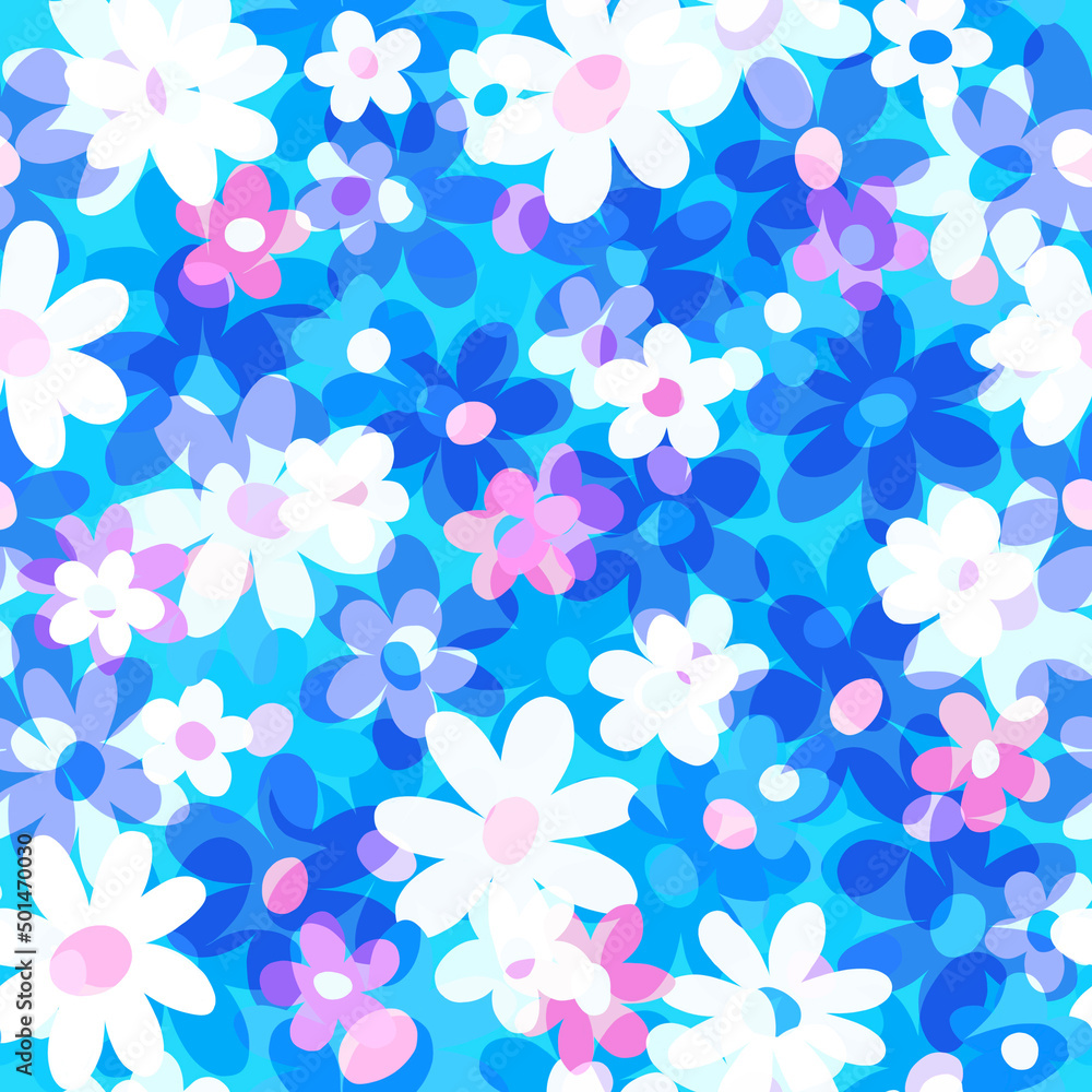 Spring - summer blurred multicolored floral seamless pattern Simple flat transparent flowers on a light blue background Retro design