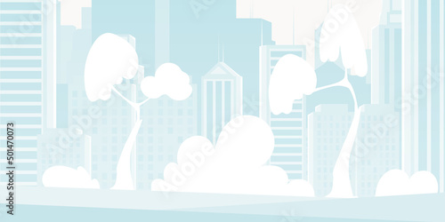 City in blue. Poster or banner with place for your design. Vector illustration in cartoon style.