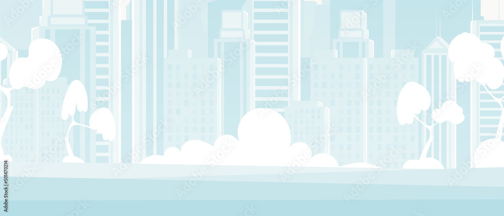 Fototapeta premium City background in blue tones. Poster or banner with place for your design. Vector illustration in cartoon style.
