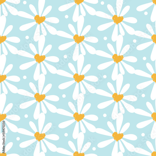 Daisies and hearts on a blue background seamless pattern. Chamomile flowers. Vector background. 