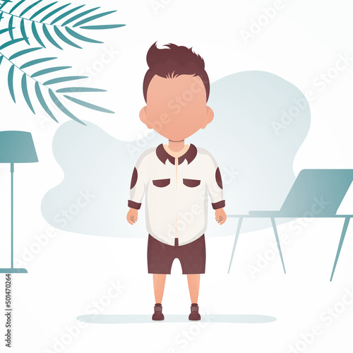 A cute little boy is depicted in full growth. Banner with a child. Vector illustration in cartoon style.