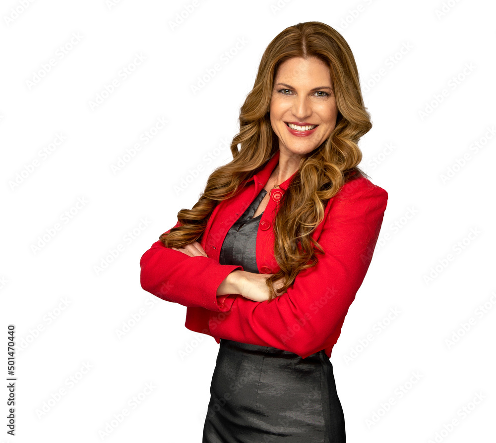Woman wearing red and black business attire smiling with arms crossed in a confident pose Woman wearing red and black business attire smiling with arms crossed in a confident pose