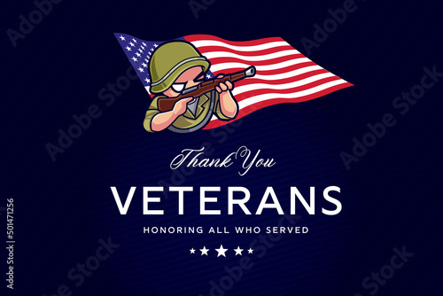 Cartoon illustration of US veteran army for veterans day November 11
