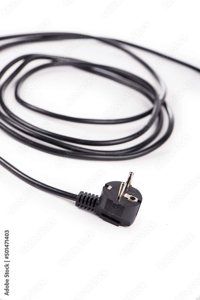 Electrical power cable with EU plug. Object is isolated on white background without shadows. Electrical power cable with EU plug. Object is isolated on white background without shadows.