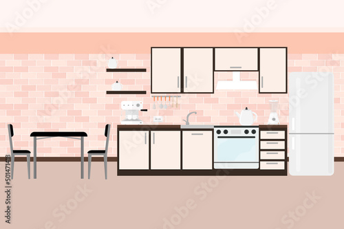 beautiful kitchen with household appliances for cooking food refrigerator oven stove cabinets and shelves