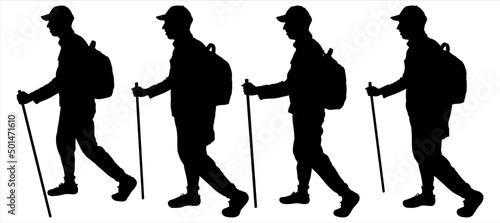 A guy with a backpack behind his back and a cap on head, holding walking sticks in his hands. Men tourists walk one after another in one line. Tourist. Hiking. Four black silhouettes isolated on white