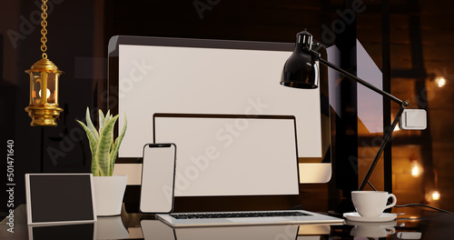 3d rendering of realistic isolated devices showing responsive mobile app design website on screen: tablet, phone, computer and laptop on white background.