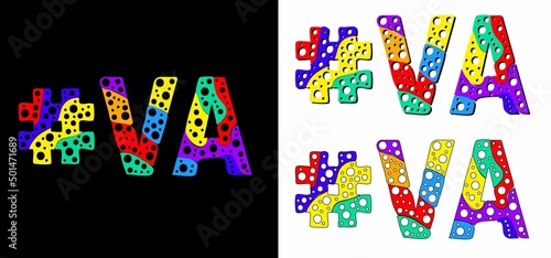Hashtag #VA set. Multicolor bright funny cartoon colorful doodle bubble isolated text. Rainbow colors. Hashtag #VA is abbreviation for the US American state Virginia for print, social network.