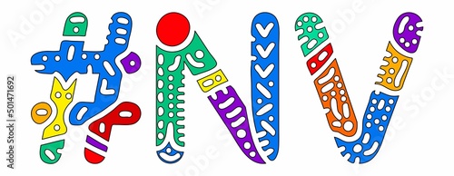 NV Hashtag. Multicolored bright isolate curves doodle letters. Hashtag #NV is abbreviation for the US American state Nevada for social network, web resources, mobile apps.