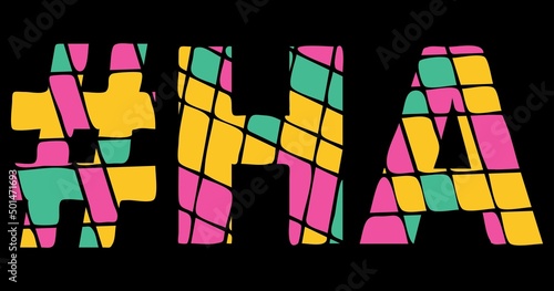 HA Hashtag. Tricolor isolated letters from contrast flowing fluid shapes. 3 colored Hashtag #HA is abbreviation for the US American state Hawaii for social network, web resources, mobile app