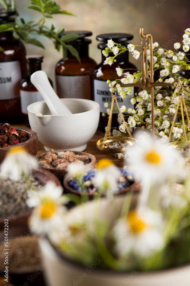 Alternative medicine, dried herbs and mortar on wooden desk background