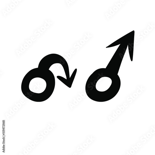 Erectile dysfunction, prostatitis. Male mars doodle sketch symbol. Impotence, flaccid soft penis. Infertility, pills for potency. Stock vector set illustration isolated on white background.