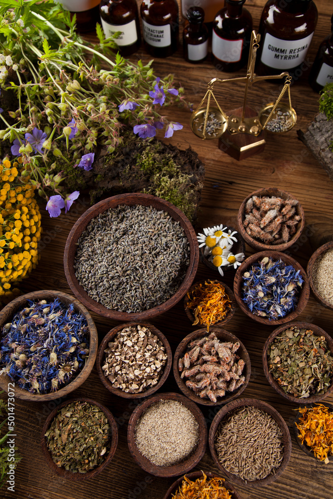 Healing herbs on wooden table, mortar and herbal medicine