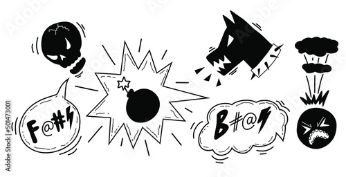 Doodle hand drawn speech bubble with swear words symbols. Comic speech bubble with curses, skull, rage dog, explosion. Angry screaming face emoji. Vector illustration isolated on white.
