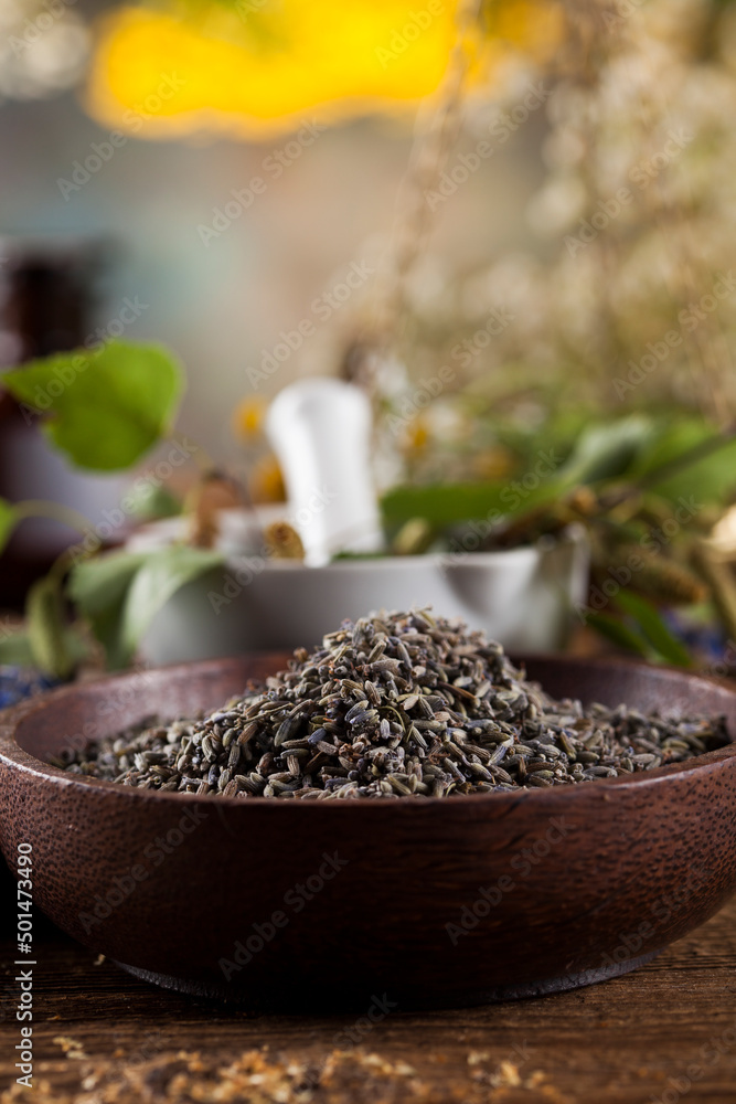 Assorted natural medical herbs and mortar on wooden table background Assorted natural medical herbs and mortar on wooden table background