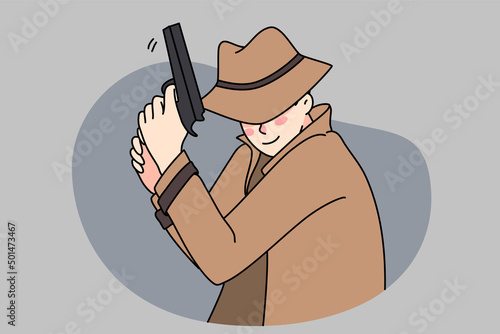 Male detective in coat and hat holding gun spying for criminal or suspect. Man spy or police officer undercover pursue offender with firearm. Private agent work. Vector illustration. 