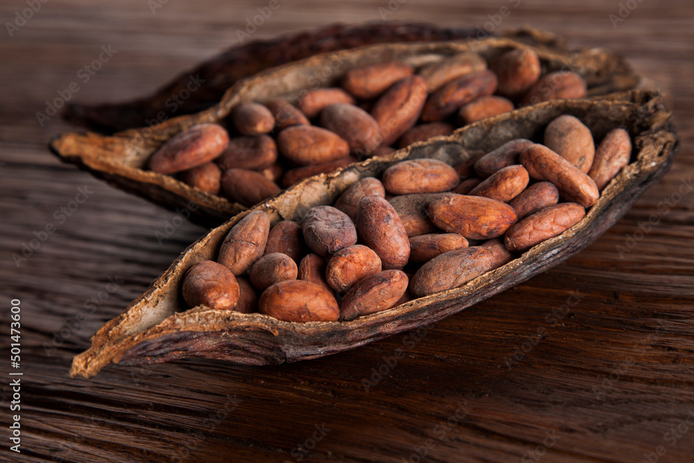 Cocoa pod on wooden table Cocoa pod on wooden table