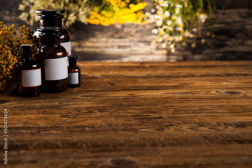 Medicine bottles and herbs background Medicine bottles and herbs background