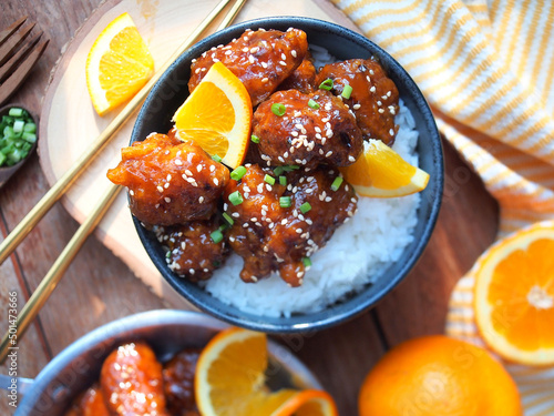 Orange chicken, Deep fried chicken breast with orange juice sauce. photo