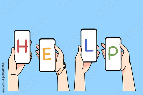 Diverse people hold smartphones with text help ask for emergency aid from online community. Person hands with cellphones beg assistance on social media. Solidarity and volunteer. Vector illustration. 