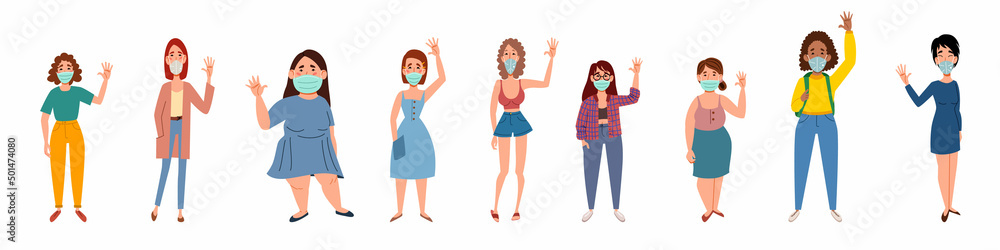 Fashionable women in medical masks say hello. A set of flat vector illustrations with a gesture of greeting people.