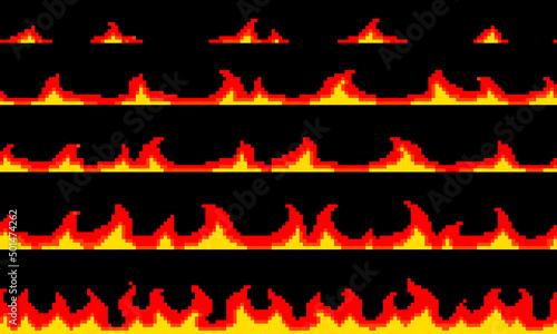 Seamless pixel art fire old school arcade game level design art or retro flame illustration style effect.