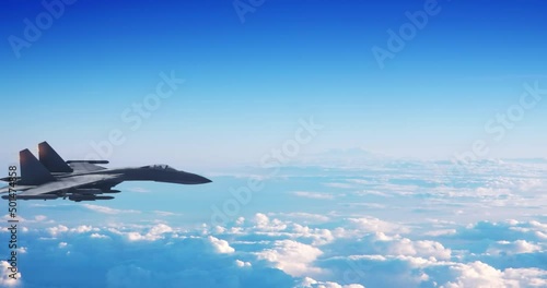Fighter Jet Flying High Above The Clouds. Ready For Air Attack. War And Air Force Related 4K Motion. photo