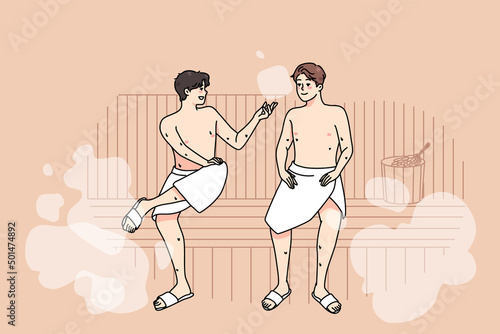 Happy male friends in towels relax in sauna on weekend together. Smiling men enjoy bathhouse relaxation, rest in spa or wellness center. Relaxation and recreation. Vector illustration. 