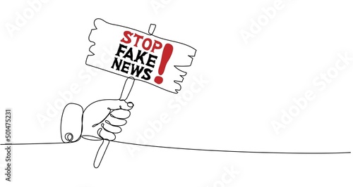 Continuous one line drawing of hand with placard calling STOP FAKE NEWS. Minimalist linear design. Concept of misinformation in the media. Trendy vector illustration