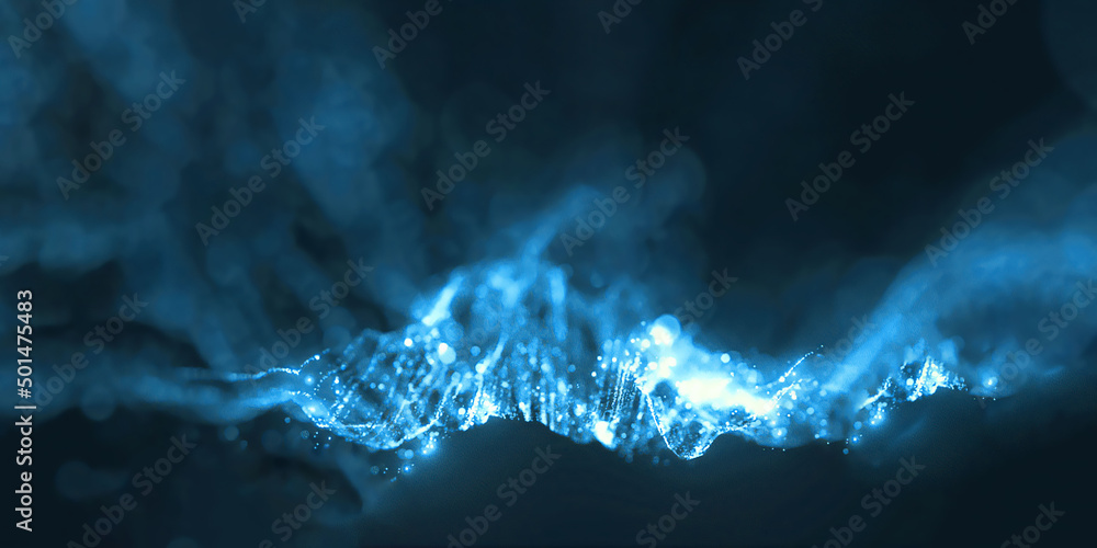 3d rendering of glowing particles liquid dynamic flow. Trendy fluid cover design.